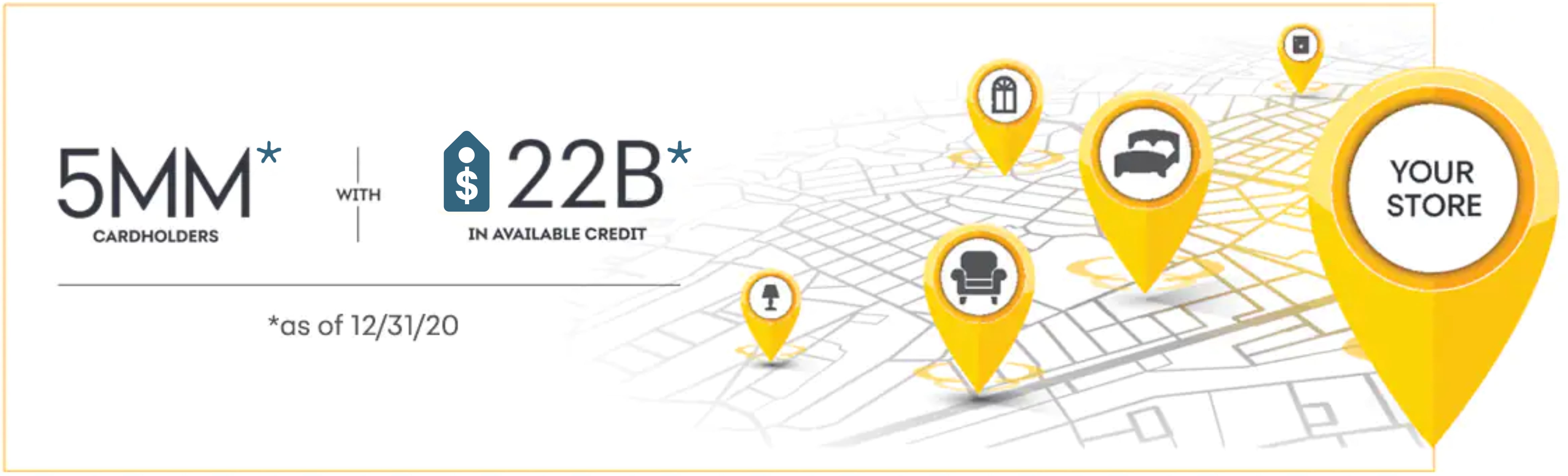 A map showing information that as of December 31, 2020, there are five million cardholders with twenty-two billion in available credit that could be shopping at your store.